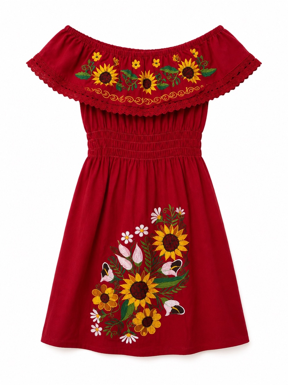 Handmade Sunflower Embroidered Boho Off Shoulder Festival Dress One Size - Picture 3 of 6